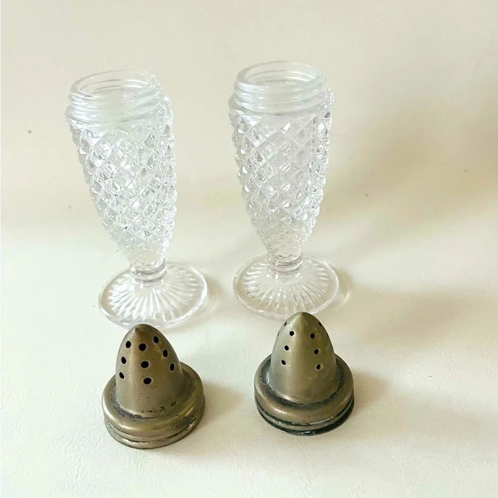 Vintage 1950’s Cut Glass Salt and Pepper Shakers with Metal Lids